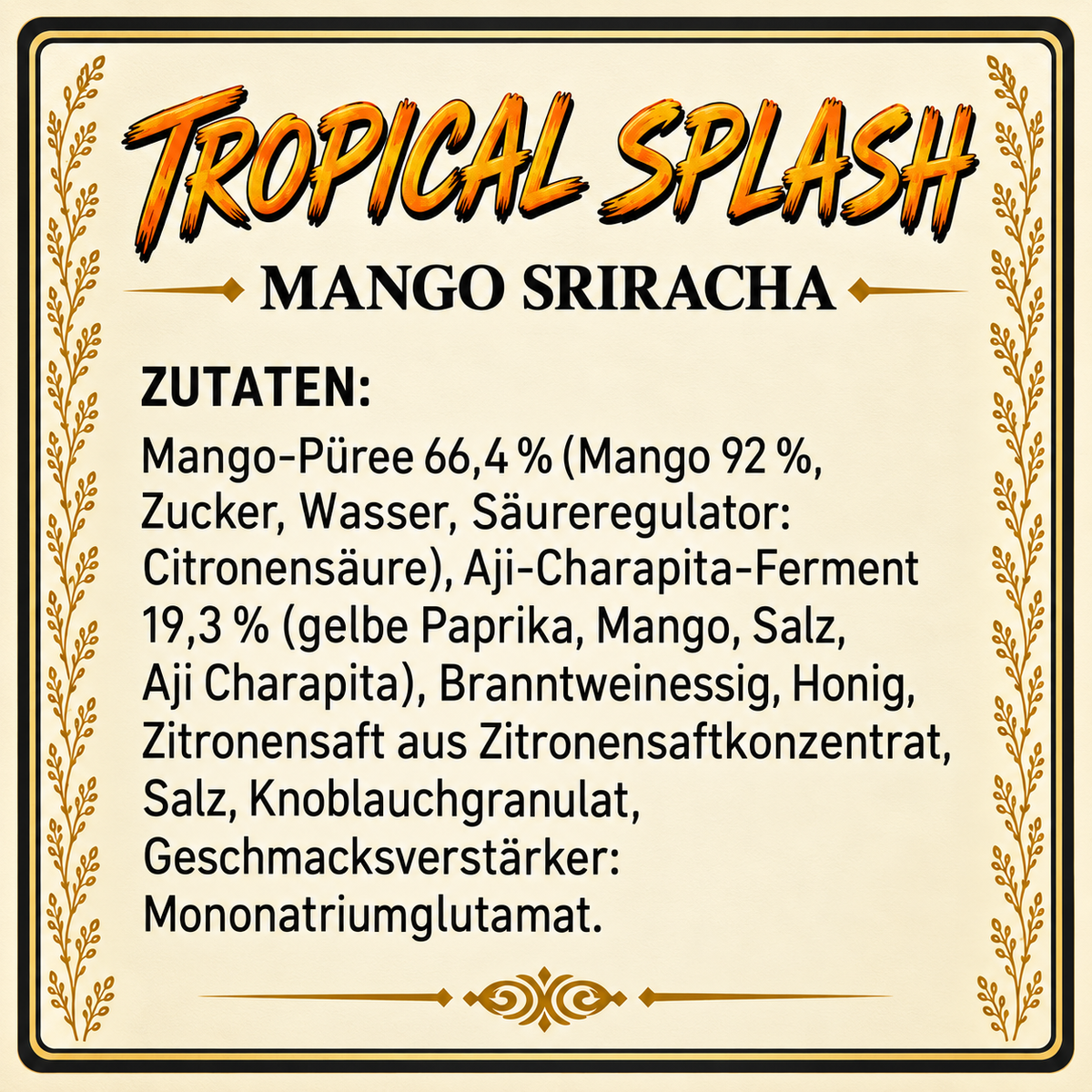 Mango Sriracha Sauce – fruchtig-scharfe Chilisauce, 40+ Tage fermentiert, handgemacht im Allgäu, 250 ml | TROPICAL SPLASH