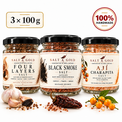 Gourmet Gewürzsalz 3er-Set aus Maldon-Meersalz – Knoblauch, Chipotle und Ají Charapita, 3 × 100 g