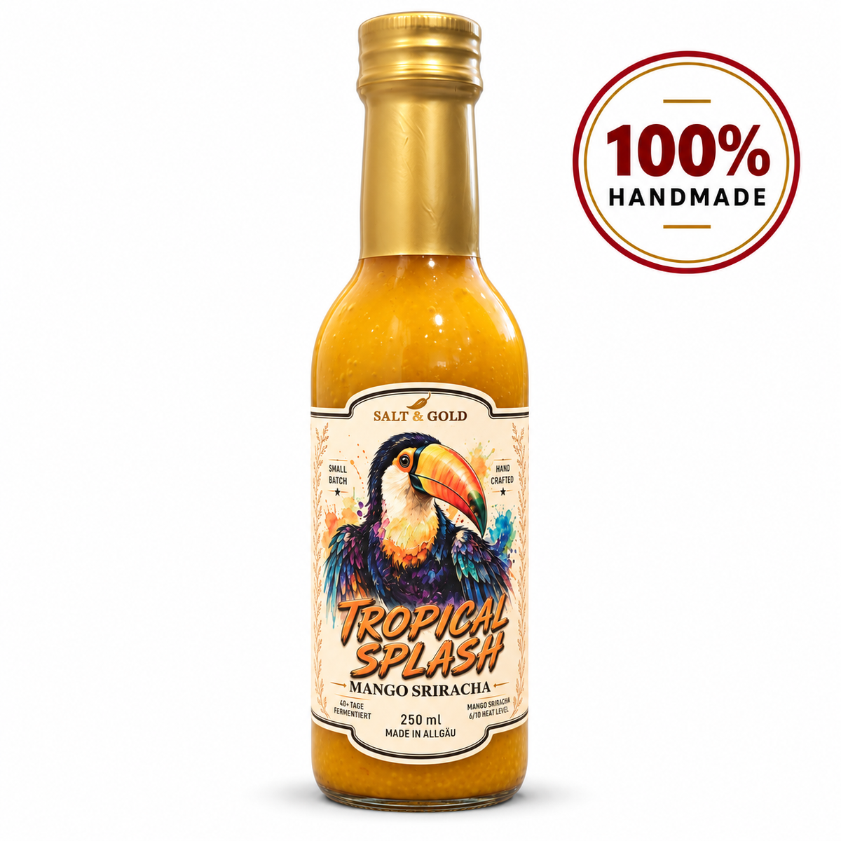 Mango Sriracha Sauce – fruchtig-scharfe Chilisauce, 40+ Tage fermentiert, handgemacht im Allgäu, 250 ml | TROPICAL SPLASH