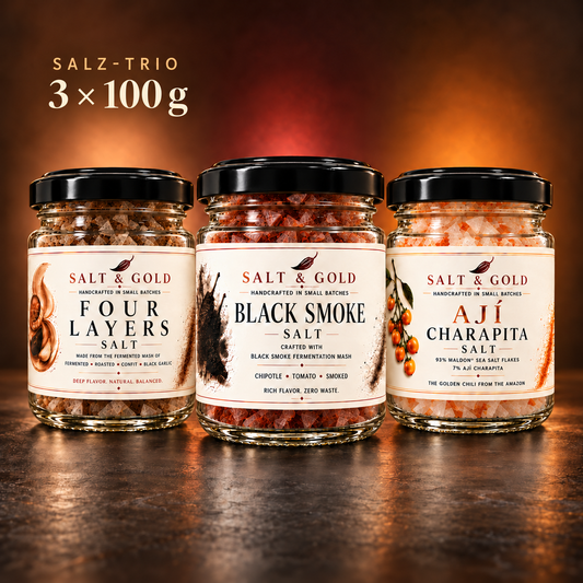 Gourmet Gewürzsalz 3er-Set aus Maldon-Meersalz – Knoblauch, Chipotle und Ají Charapita, 3 × 100 g