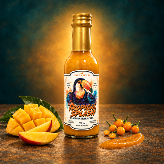 Mango Sriracha Sauce – fruchtig-scharfe Chilisauce, 40+ Tage fermentiert, handgemacht im Allgäu, 250 ml | TROPICAL SPLASH